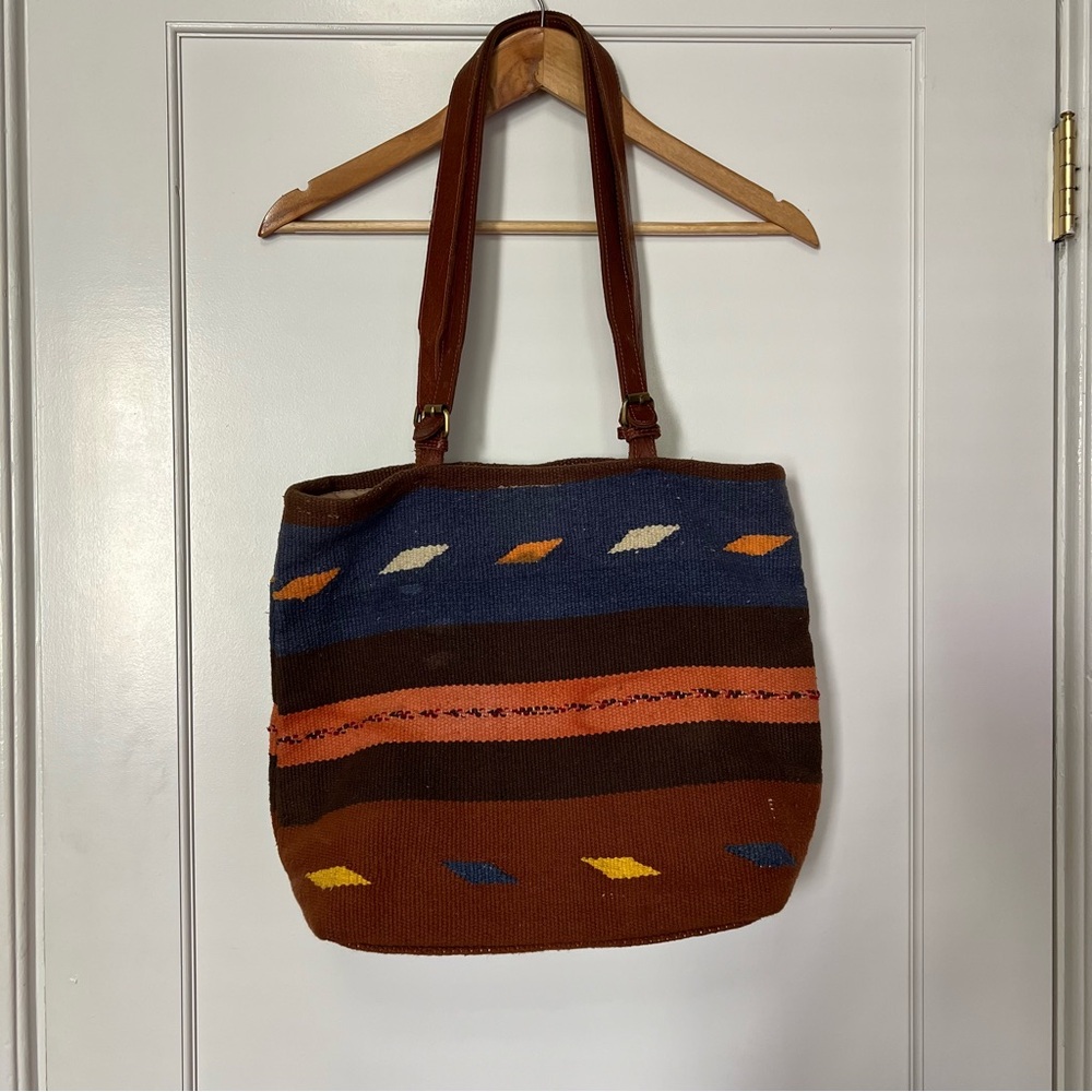 ViNtAgE Oversized Leather and Cotton Purse Bag from India Brown Blue Orange